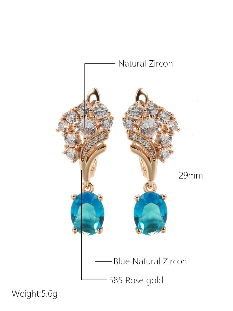 Long Drop Earrings 585 Rose Gold Blue Natural Zircon - Gilded Rosy