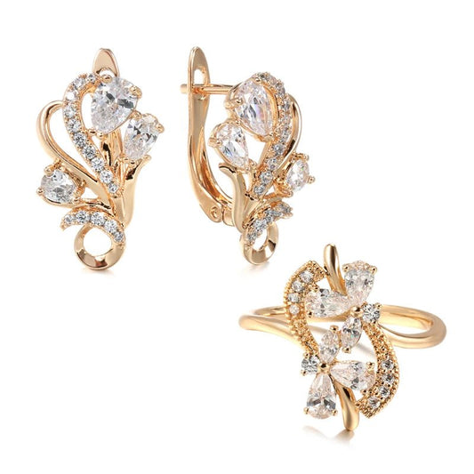 Set White crystal flower 585 Rose Gold Earrings - Gilded Rosy