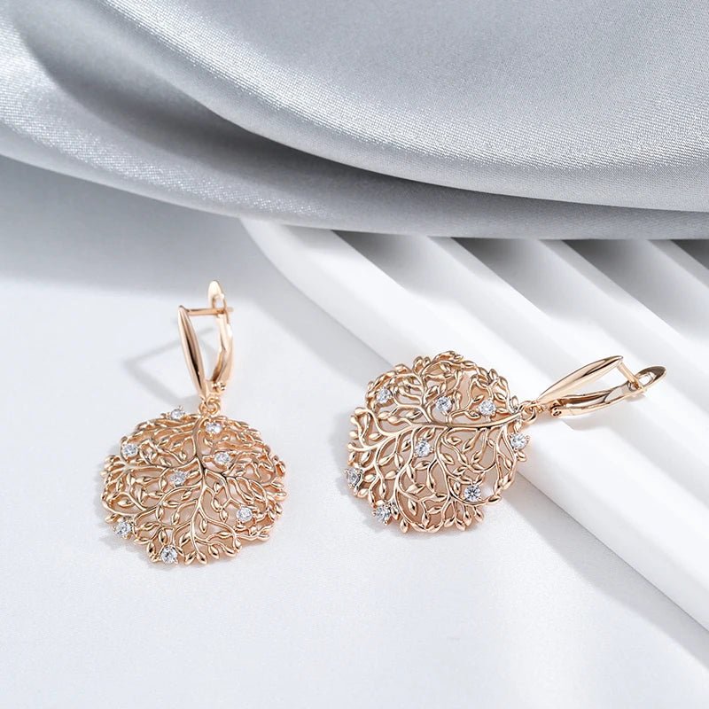 Crystal Flower Long Big Earrings 585 Rose Gold Natural Zircon - Gilded Rosy
