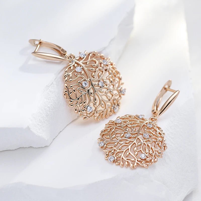 Crystal Flower Long Big Earrings 585 Rose Gold Natural Zircon - Gilded Rosy