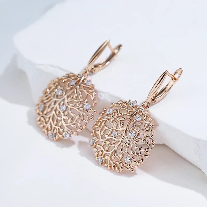 Crystal Flower Long Big Earrings 585 Rose Gold Natural Zircon - Gilded Rosy