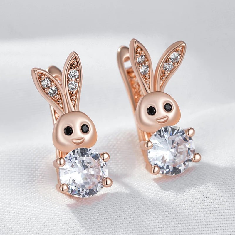 Kinel Hot Fashion 585 Rose Gold Color Cute Rabbit Drop Earrings For Women Shiny Natural Zircon Accessories Daily Animal Jewelry - Gilded Rosy