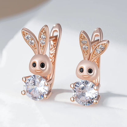 Kinel Hot Fashion 585 Rose Gold Color Cute Rabbit Drop Earrings For Women Shiny Natural Zircon Accessories Daily Animal Jewelry - Gilded Rosy