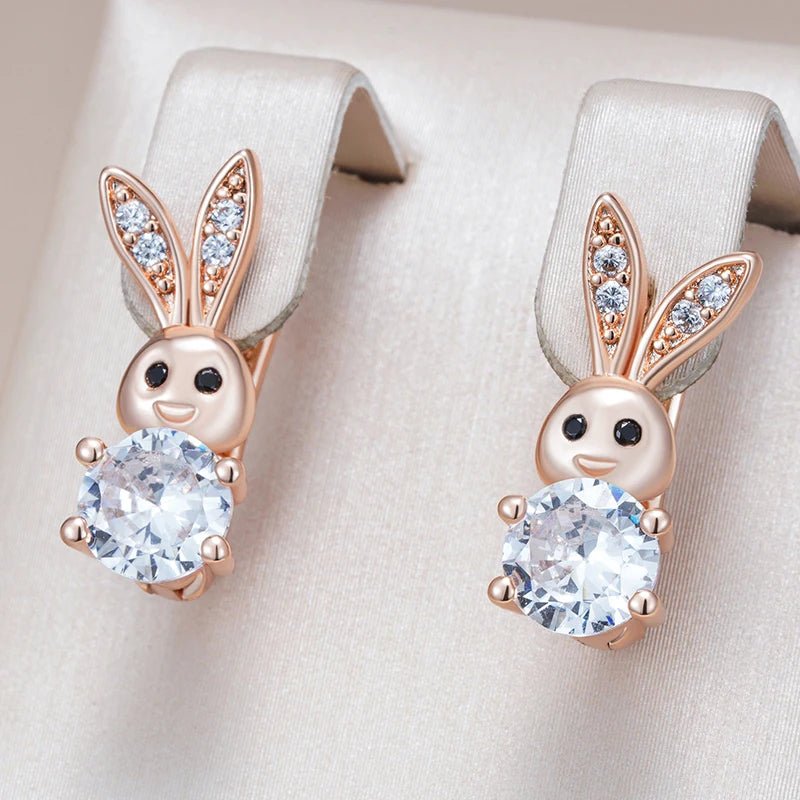 Kinel Hot Fashion 585 Rose Gold Color Cute Rabbit Drop Earrings For Women Shiny Natural Zircon Accessories Daily Animal Jewelry - Gilded Rosy