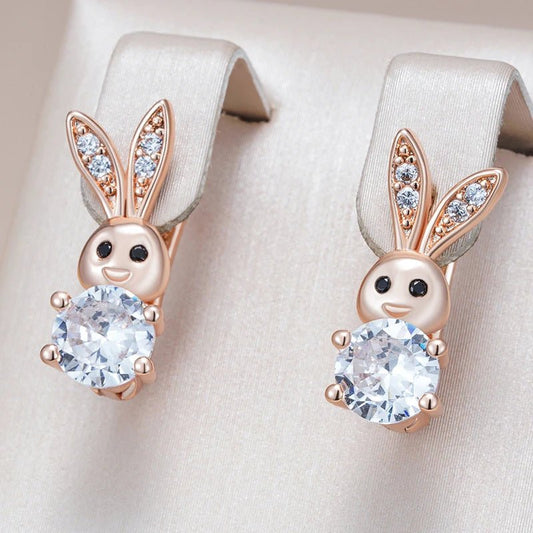 Kinel Hot Fashion 585 Rose Gold Color Cute Rabbit Drop Earrings For Women Shiny Natural Zircon Accessories Daily Animal Jewelry - Gilded Rosy
