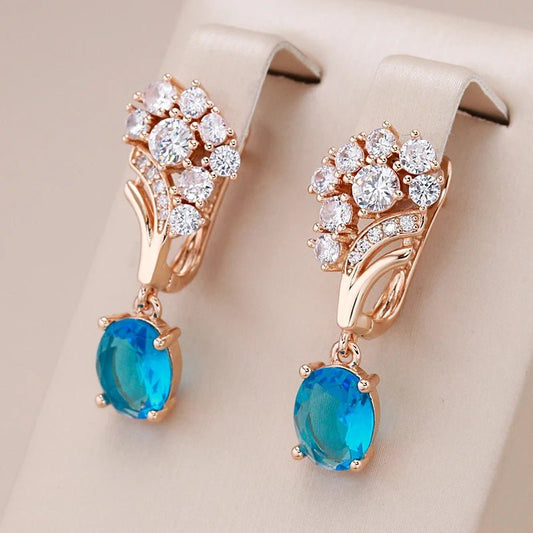 Long Drop Earrings 585 Rose Gold Blue Natural Zircon - Gilded Rosy