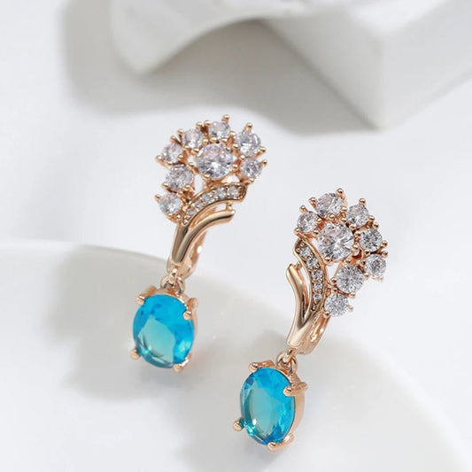 Long Drop Earrings 585 Rose Gold Blue Natural Zircon - Gilded Rosy
