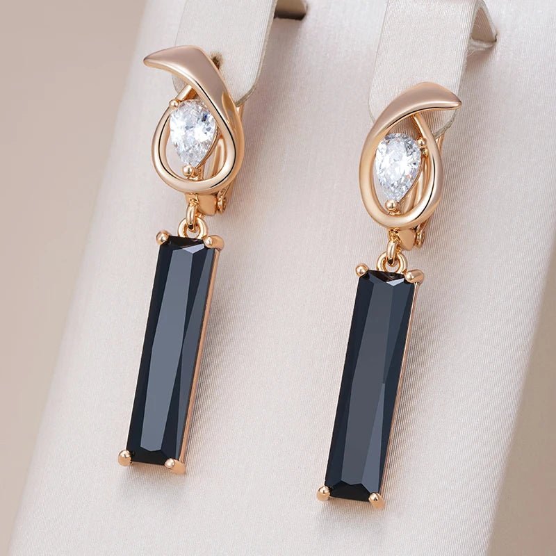 Long Square Black Natural Zircon Drop Earrings 585 Rose Gold - Gilded Rosy