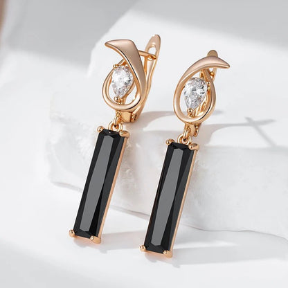 Long Square Black Natural Zircon Drop Earrings 585 Rose Gold - Gilded Rosy