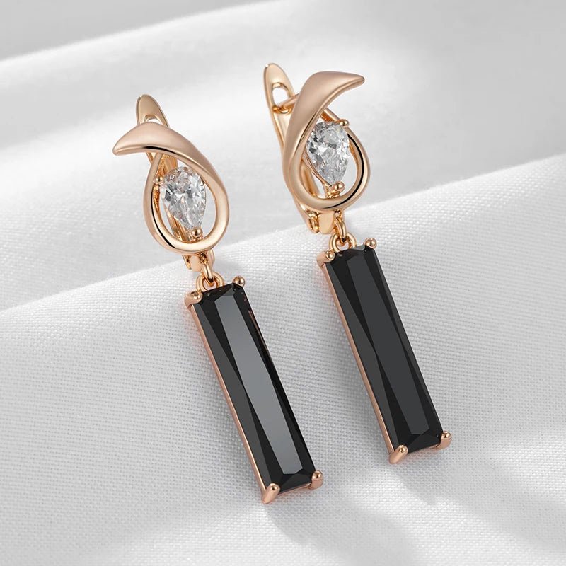 Long Square Black Natural Zircon Drop Earrings 585 Rose Gold - Gilded Rosy