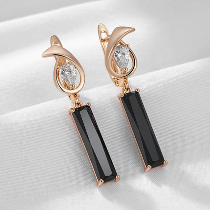 Long Square Black Natural Zircon Drop Earrings 585 Rose Gold - Gilded Rosy