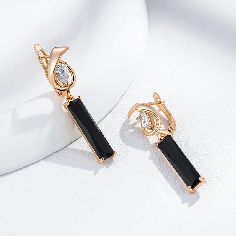 Long Square Black Natural Zircon Drop Earrings 585 Rose Gold - Gilded Rosy