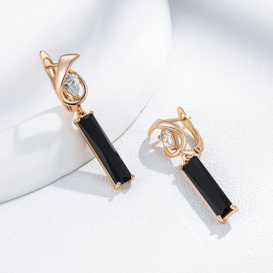 Long Square Black Natural Zircon Drop Earrings 585 Rose Gold - Gilded Rosy