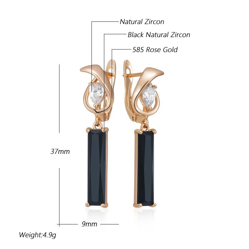 Long Square Black Natural Zircon Drop Earrings 585 Rose Gold - Gilded Rosy