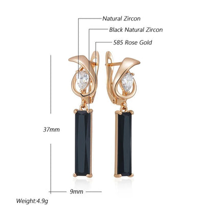 Long Square Black Natural Zircon Drop Earrings 585 Rose Gold - Gilded Rosy