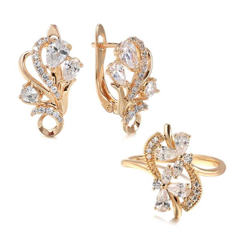 Set White crystal flower 585 Rose Gold Earrings - Gilded Rosy