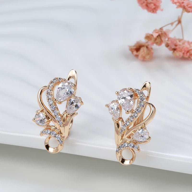 Set White crystal flower 585 Rose Gold Earrings - Gilded Rosy