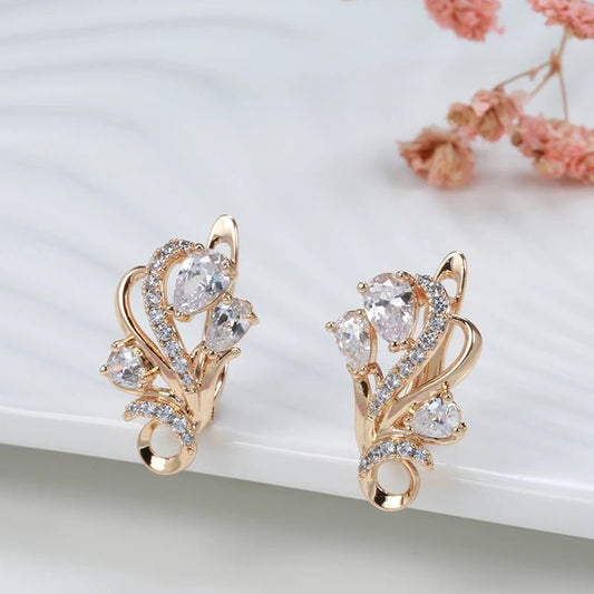 Set White crystal flower 585 Rose Gold Earrings - Gilded Rosy