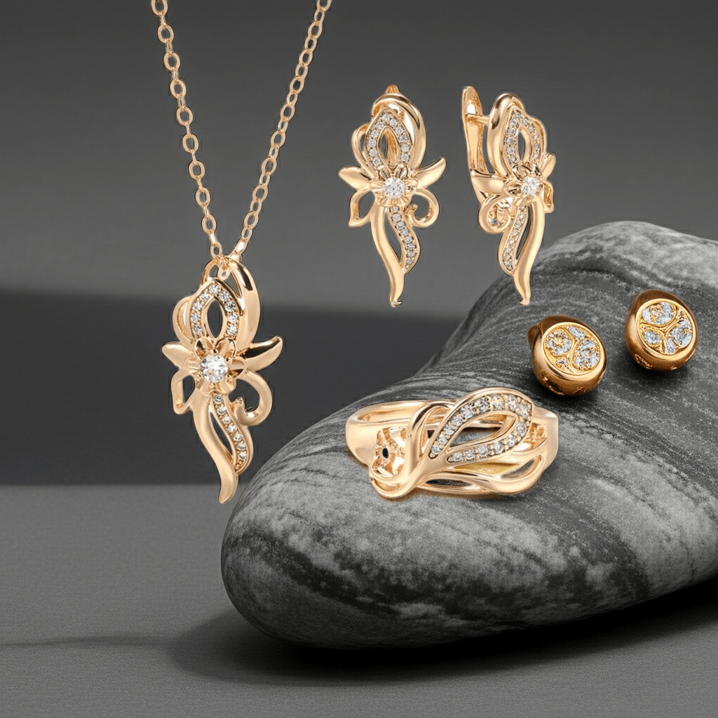 Vanilla flower sets 585 Rose Gold Earring Necklace Ring - Gilded Rosy