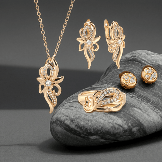 Vanilla flower sets 585 Rose Gold Earring Necklace Ring - Gilded Rosy