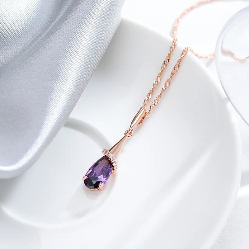 Water Drop Purple Long Pendant Necklace 585 Rose Gold Color for Women Natural Zircon - Gilded Rosy