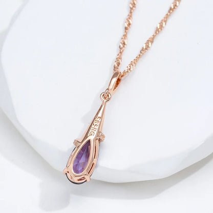 Water Drop Purple Long Pendant Necklace 585 Rose Gold Color for Women Natural Zircon - Gilded Rosy