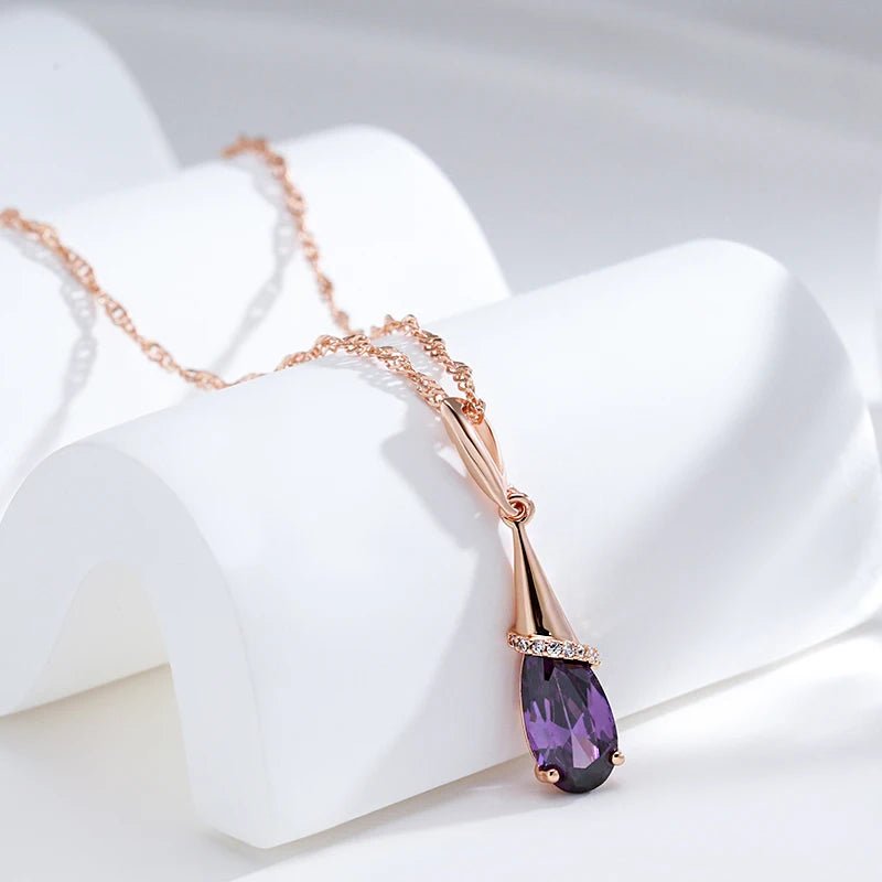 Water Drop Purple Long Pendant Necklace 585 Rose Gold Color for Women Natural Zircon - Gilded Rosy