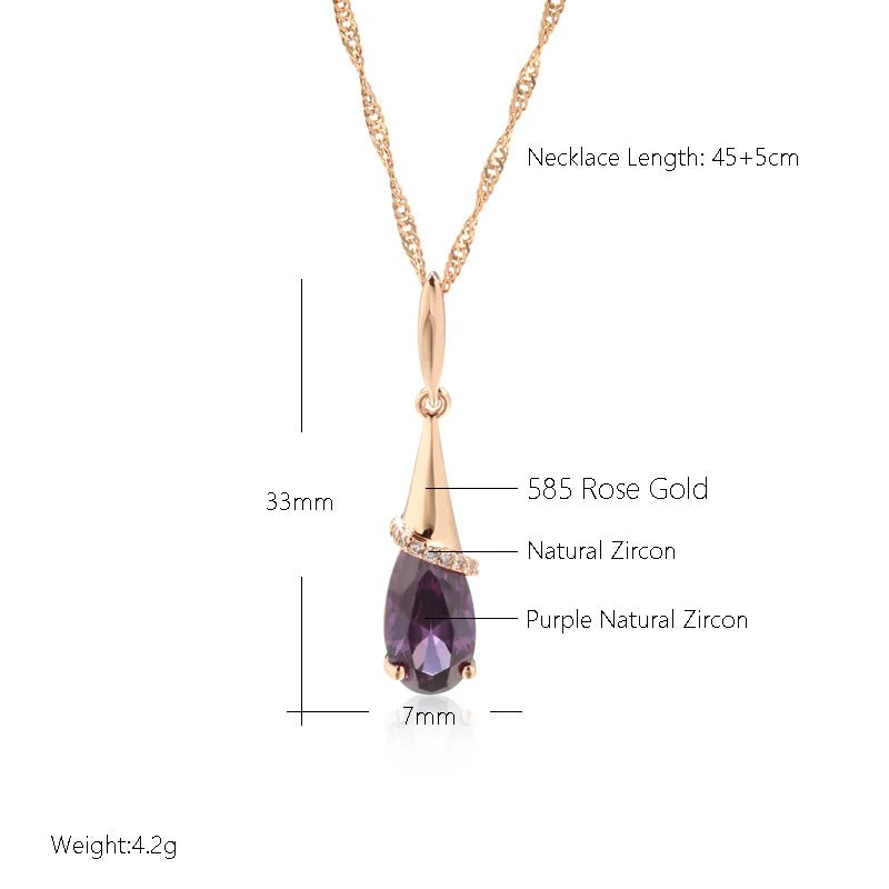 Water Drop Purple Long Pendant Necklace 585 Rose Gold Color for Women Natural Zircon - Gilded Rosy