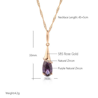 Water Drop Purple Long Pendant Necklace 585 Rose Gold Color for Women Natural Zircon - Gilded Rosy