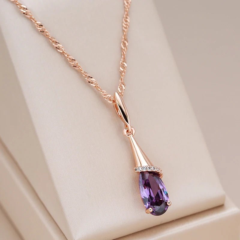 Water Drop Purple Long Pendant Necklace 585 Rose Gold Color for Women Natural Zircon - Gilded Rosy